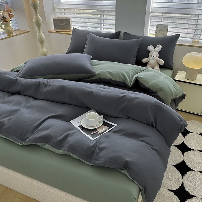 91家纺网 家纺一手货源 找家纺 优纤家纺 2025新款简约亲肤四件套床单床笠学生三件套-纯色混搭系列 深灰抹茶