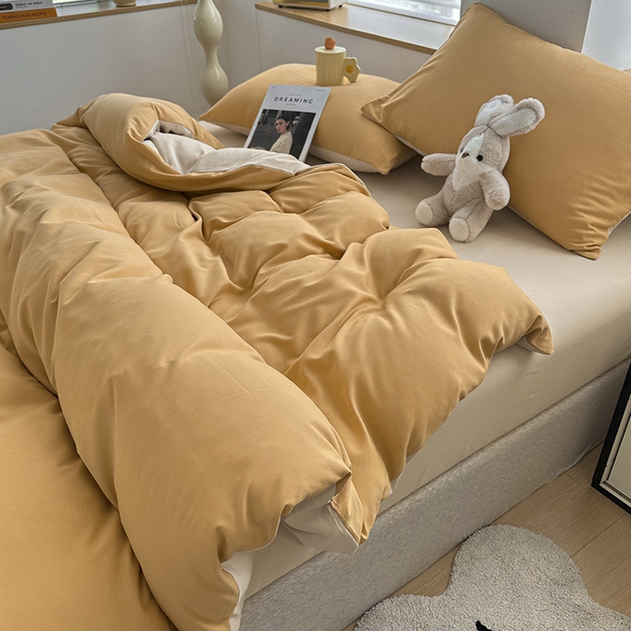 91家纺网 家纺一手货源 找家纺 优纤家纺 2025新款简约亲肤四件套床单床笠学生三件套-纯色混搭系列 炭烤起司