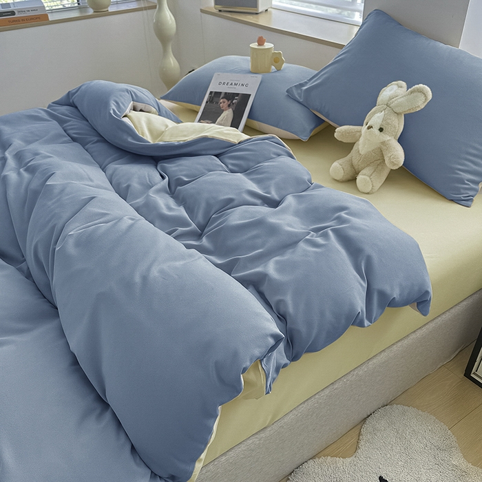 91家纺网 家纺一手货源 找家纺 优纤家纺 2025新款简约亲肤四件套床单床笠学生三件套-纯色混搭系列 天蓝芝士