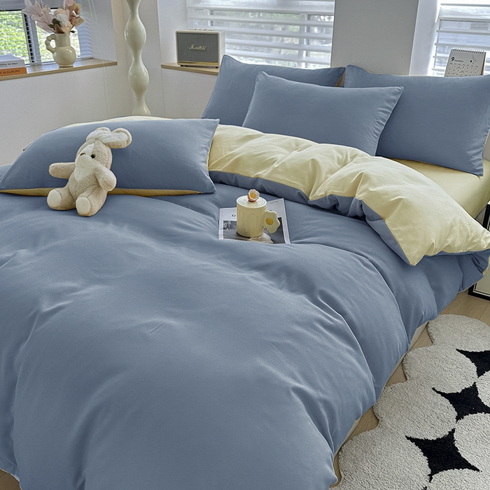 91家纺网 家纺一手货源 找家纺 优纤家纺 2025新款简约亲肤四件套床单床笠学生三件套-纯色混搭系列 天蓝芝士