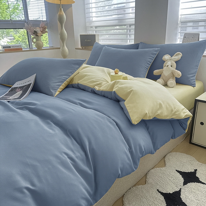 91家纺网 家纺一手货源 找家纺 优纤家纺 2025新款简约亲肤四件套床单床笠学生三件套-纯色混搭系列 天蓝芝士