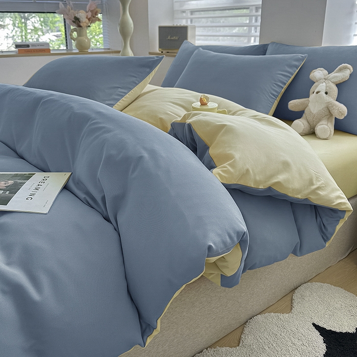 91家纺网 家纺一手货源 找家纺 优纤家纺 2025新款简约亲肤四件套床单床笠学生三件套-纯色混搭系列 天蓝芝士