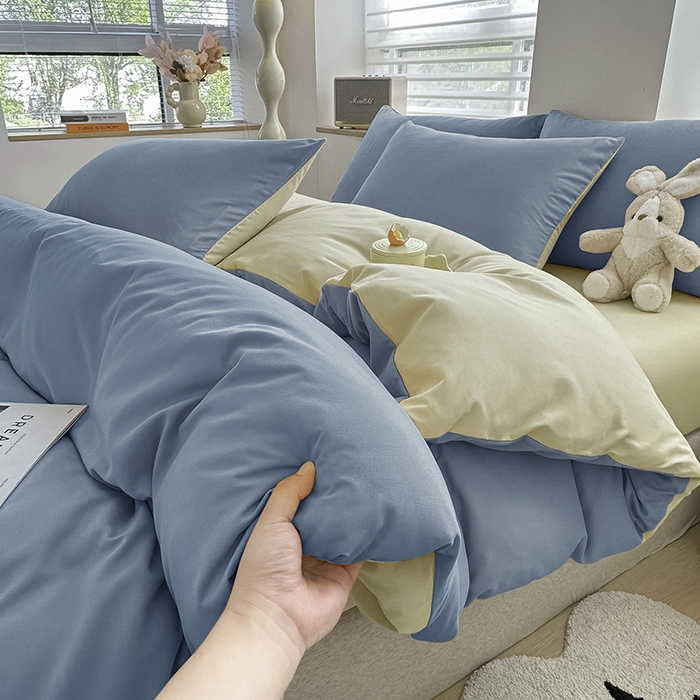 91家纺网 家纺一手货源 找家纺 优纤家纺 2025新款简约亲肤四件套床单床笠学生三件套-纯色混搭系列 天蓝芝士