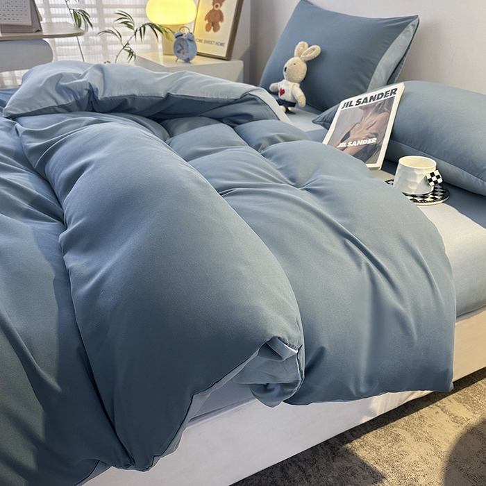 91家纺网 家纺一手货源 找家纺 优纤家纺 2025新款简约亲肤四件套床单床笠学生三件套-纯色混搭系列 蔚蓝浅蓝