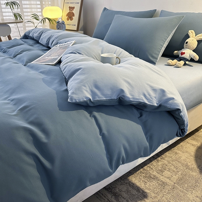 91家纺网 家纺一手货源 找家纺 优纤家纺 2025新款简约亲肤四件套床单床笠学生三件套-纯色混搭系列 蔚蓝浅蓝
