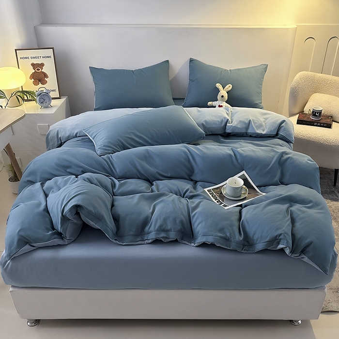 91家纺网 家纺一手货源 找家纺 优纤家纺 2025新款简约亲肤四件套床单床笠学生三件套-纯色混搭系列 蔚蓝浅蓝
