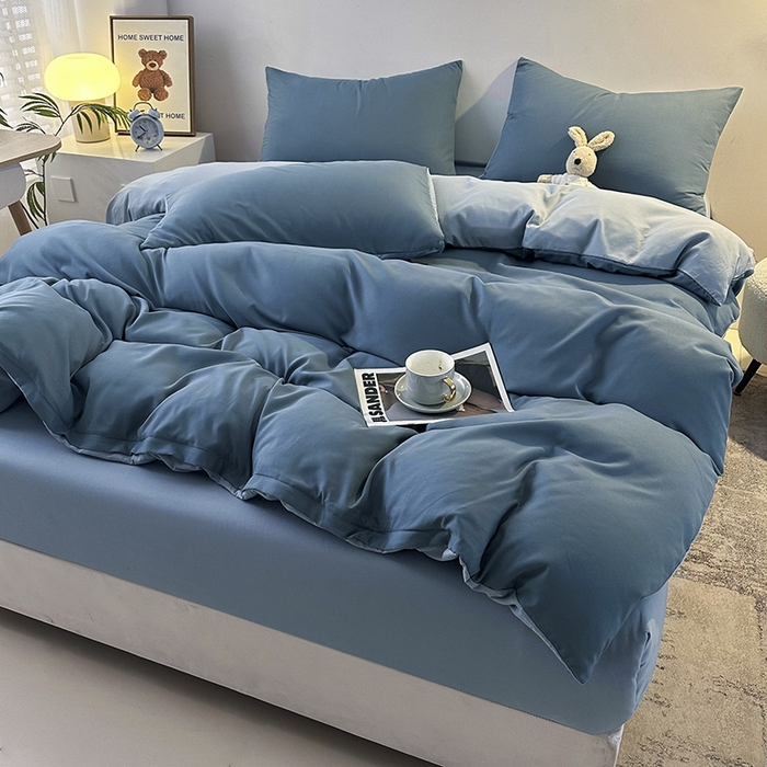 91家纺网 家纺一手货源 找家纺 优纤家纺 2025新款简约亲肤四件套床单床笠学生三件套-纯色混搭系列 蔚蓝浅蓝
