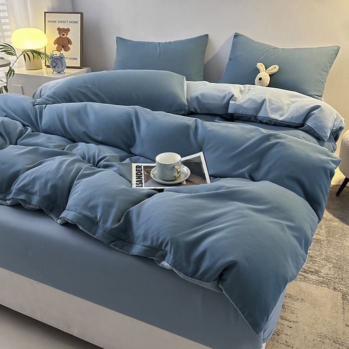 91家纺网 家纺一手货源 找家纺 优纤家纺 2025新款简约亲肤四件套床单床笠学生三件套-纯色混搭系列 蔚蓝浅蓝