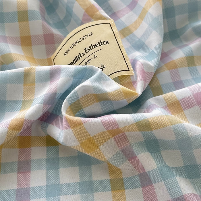 91家纺网 家纺一手货源 找家纺 优纤家纺 2025新款简约亲肤四件套床单床笠学生三件套-格子条纹系列 冰淇凌格