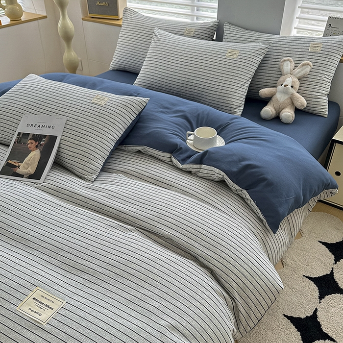 91家纺网 家纺一手货源 找家纺 （总）优纤家纺 2025新款简约亲肤四件套床单床笠学生三件套-格子条纹系列