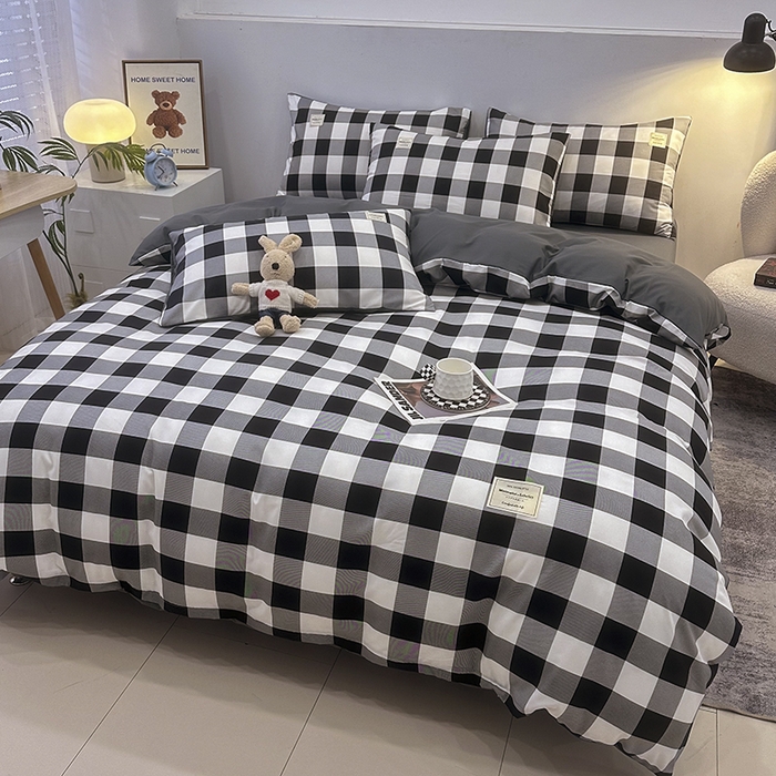 91家纺网 家纺一手货源 找家纺 优纤家纺 2025新款简约亲肤四件套床单床笠学生三件套-格子条纹系列 黑白大格