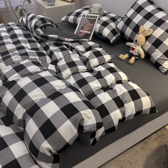 优纤家纺 2025新款简约亲肤四件套床单床笠学生三件套-格子条纹系列 黑白大格