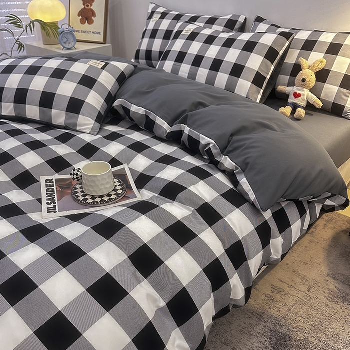 91家纺网 家纺一手货源 找家纺 优纤家纺 2025新款简约亲肤四件套床单床笠学生三件套-格子条纹系列 黑白大格