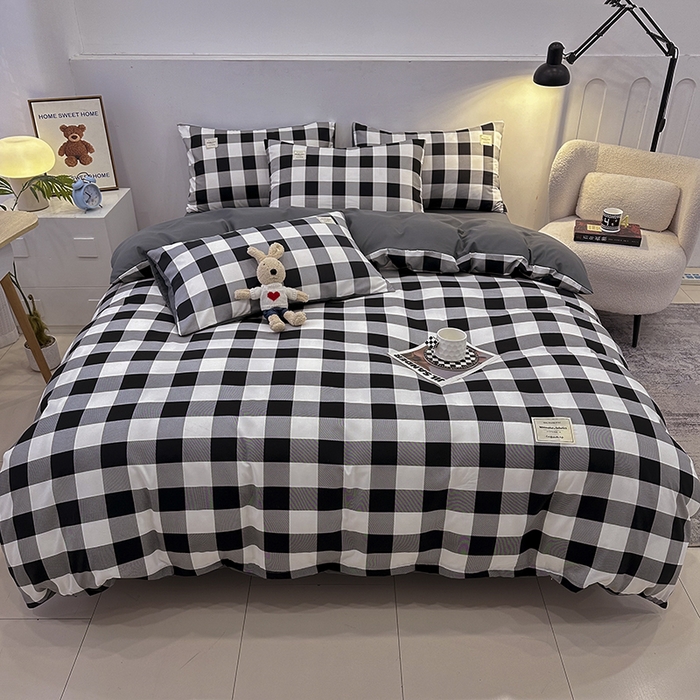 91家纺网 家纺一手货源 找家纺 优纤家纺 2025新款简约亲肤四件套床单床笠学生三件套-格子条纹系列 黑白大格