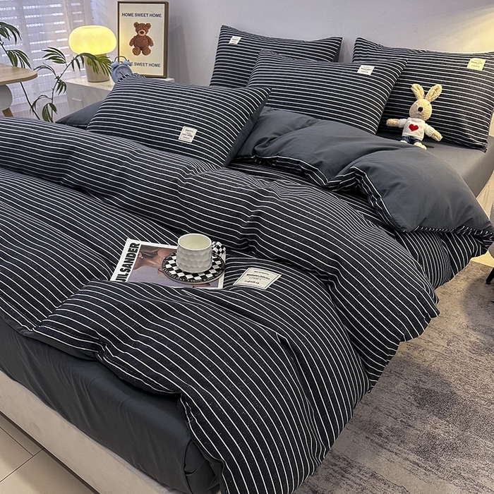 91家纺网 家纺一手货源 找家纺 优纤家纺 2025新款简约亲肤四件套床单床笠学生三件套-格子条纹系列 黑白条