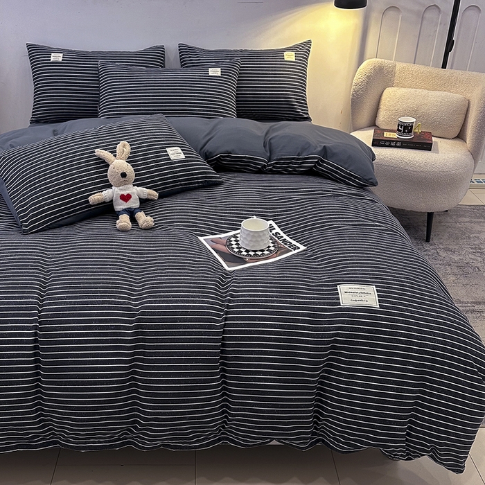 91家纺网 家纺一手货源 找家纺 优纤家纺 2025新款简约亲肤四件套床单床笠学生三件套-格子条纹系列 黑白条