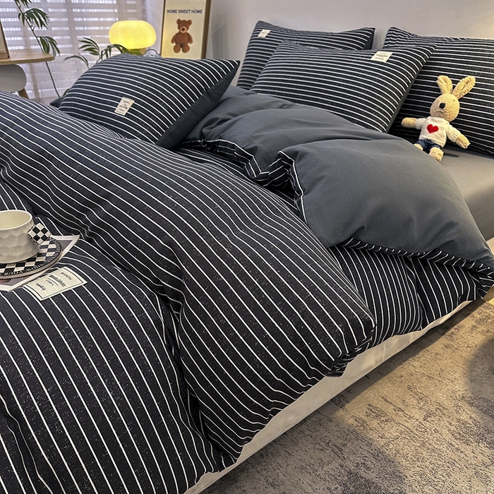 91家纺网 家纺一手货源 找家纺 优纤家纺 2025新款简约亲肤四件套床单床笠学生三件套-格子条纹系列 黑白条