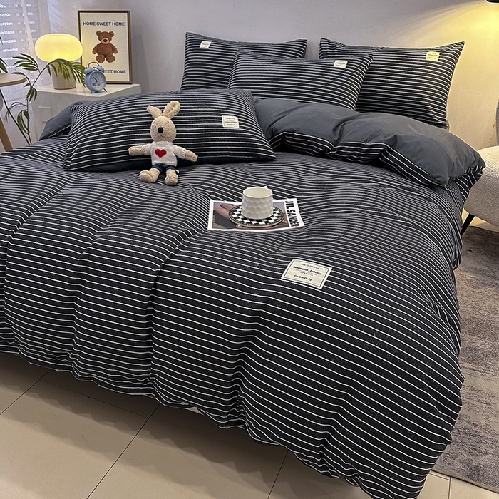 91家纺网 家纺一手货源 找家纺 优纤家纺 2025新款简约亲肤四件套床单床笠学生三件套-格子条纹系列 黑白条