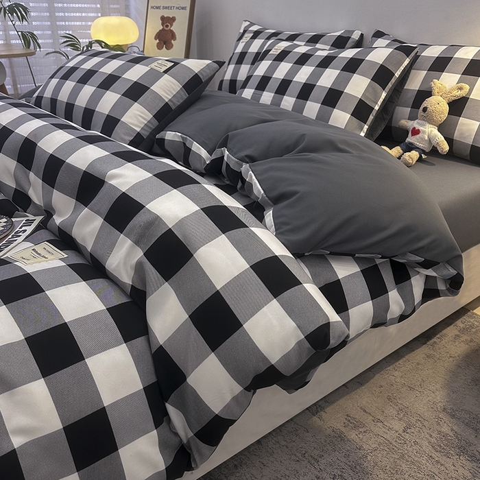 91家纺网 家纺一手货源 找家纺 优纤家纺 2025新款简约亲肤四件套床单床笠学生三件套-格子条纹系列 黑白大格