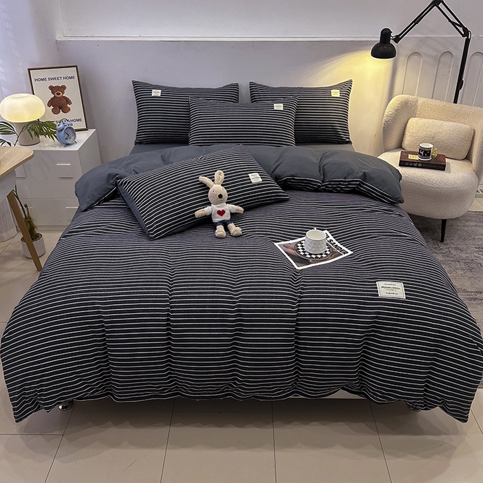 91家纺网 家纺一手货源 找家纺 优纤家纺 2025新款简约亲肤四件套床单床笠学生三件套-格子条纹系列 黑白条