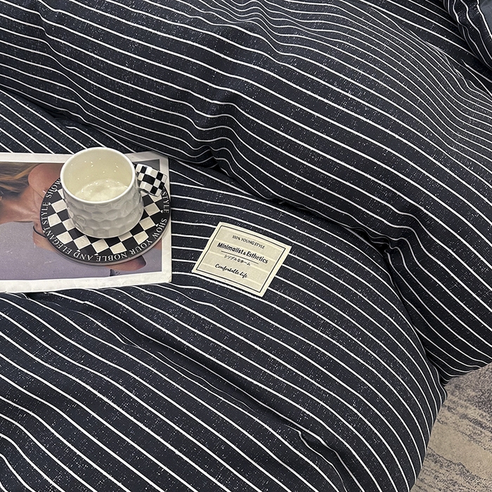 91家纺网 家纺一手货源 找家纺 优纤家纺 2025新款简约亲肤四件套床单床笠学生三件套-格子条纹系列 黑白条