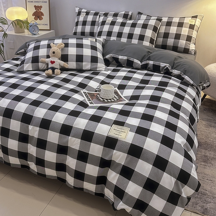 91家纺网 家纺一手货源 找家纺 优纤家纺 2025新款简约亲肤四件套床单床笠学生三件套-格子条纹系列 黑白大格
