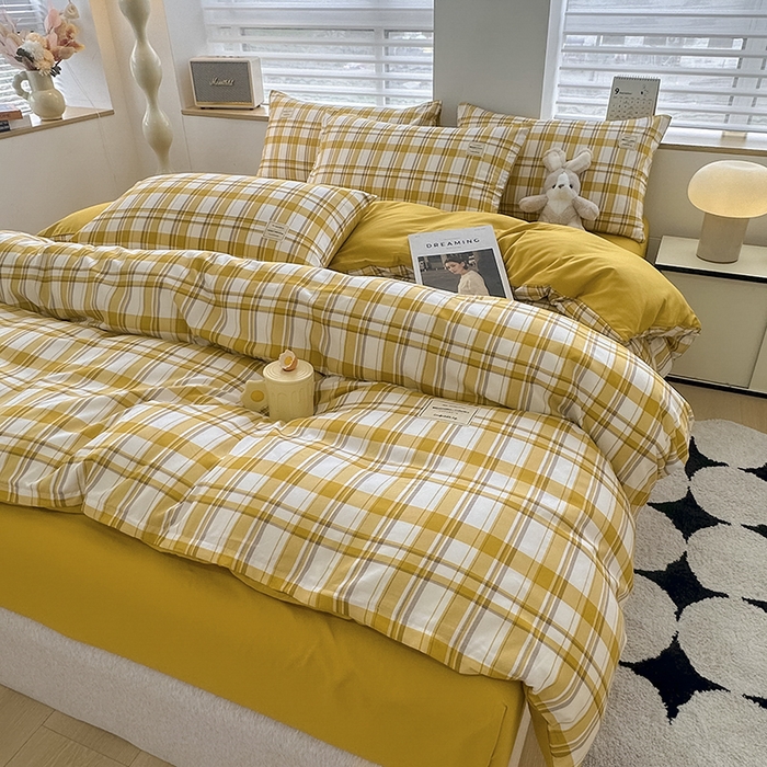 91家纺网 家纺一手货源 找家纺 优纤家纺 2025新款简约亲肤四件套床单床笠学生三件套-格子条纹系列 芒果格