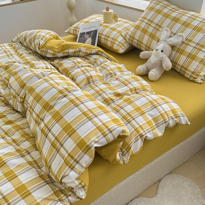 91家纺网 家纺一手货源 找家纺 优纤家纺 2025新款简约亲肤四件套床单床笠学生三件套-格子条纹系列 芒果格