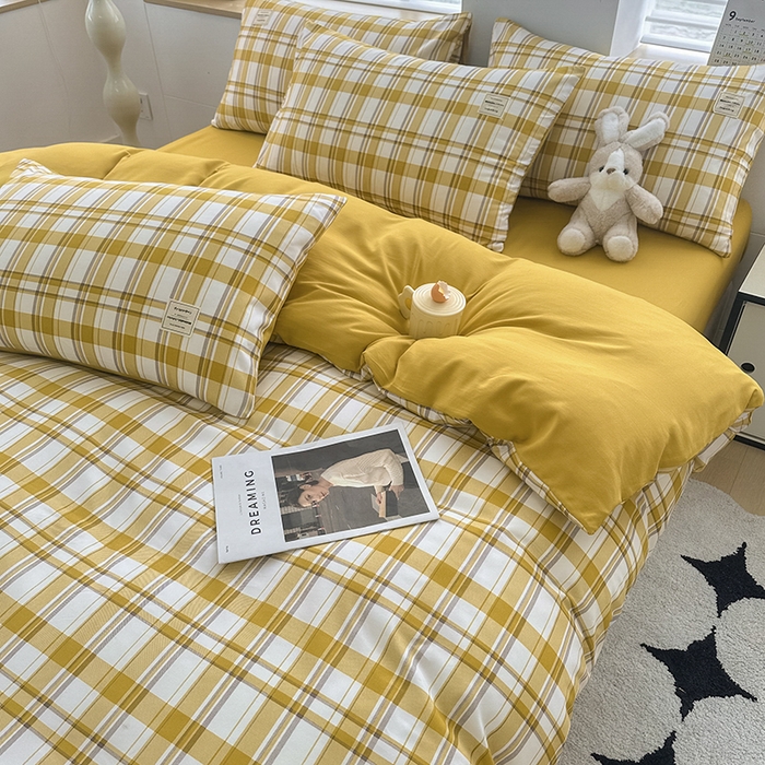 91家纺网 家纺一手货源 找家纺 优纤家纺 2025新款简约亲肤四件套床单床笠学生三件套-格子条纹系列 芒果格