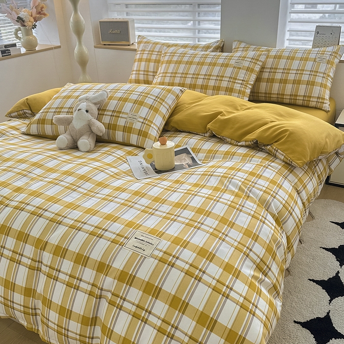 91家纺网 家纺一手货源 找家纺 优纤家纺 2025新款简约亲肤四件套床单床笠学生三件套-格子条纹系列 芒果格