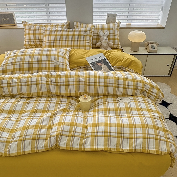 91家纺网 家纺一手货源 找家纺 优纤家纺 2025新款简约亲肤四件套床单床笠学生三件套-格子条纹系列 芒果格