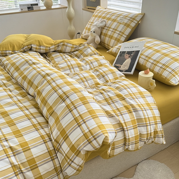 优纤家纺 2025新款简约亲肤四件套床单床笠学生三件套-格子条纹系列 芒果格
