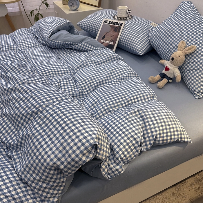 优纤家纺 2025新款简约亲肤四件套床单床笠学生三件套-格子条纹系列 蓝小格