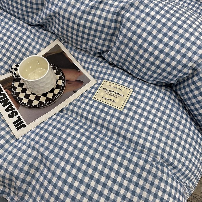 91家纺网 家纺一手货源 找家纺 优纤家纺 2025新款简约亲肤四件套床单床笠学生三件套-格子条纹系列 蓝小格