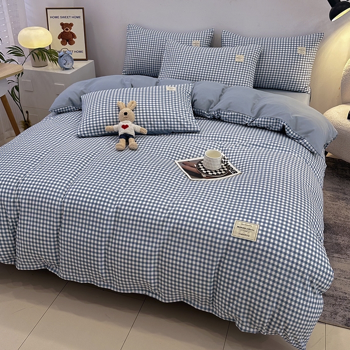 91家纺网 家纺一手货源 找家纺 优纤家纺 2025新款简约亲肤四件套床单床笠学生三件套-格子条纹系列 蓝小格
