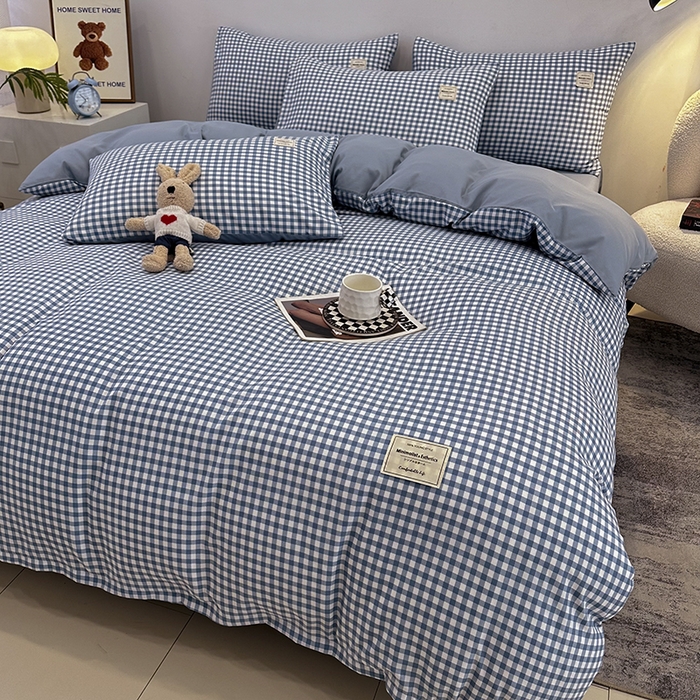 91家纺网 家纺一手货源 找家纺 优纤家纺 2025新款简约亲肤四件套床单床笠学生三件套-格子条纹系列 蓝小格