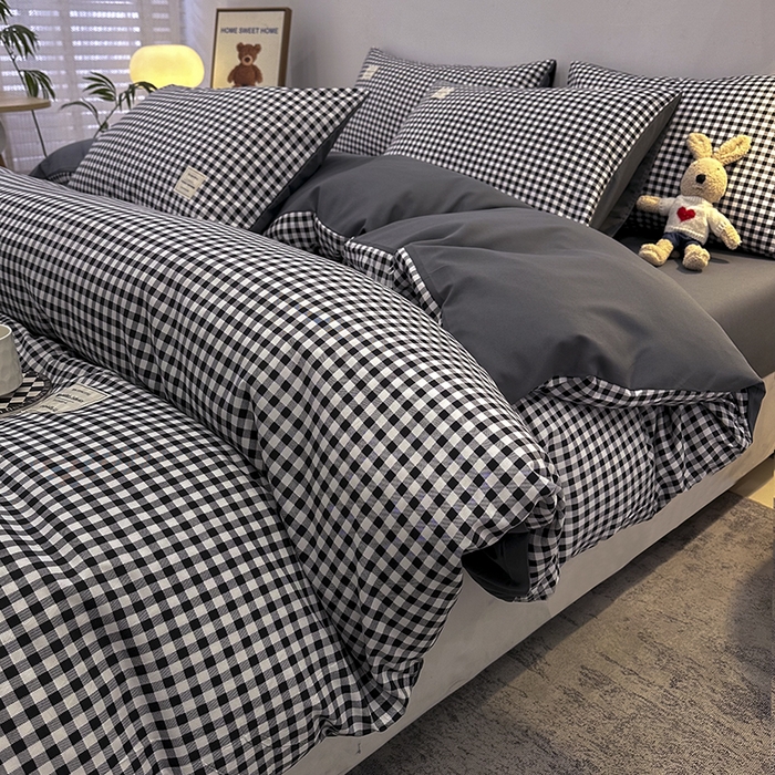 91家纺网 家纺一手货源 找家纺 优纤家纺 2025新款简约亲肤四件套床单床笠学生三件套-格子条纹系列 黑白小格