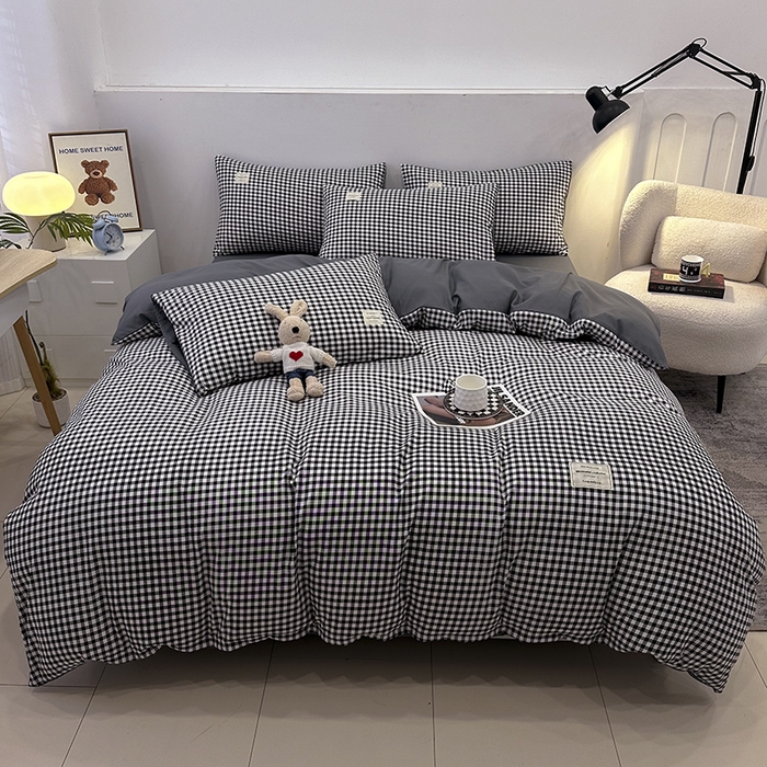 91家纺网 家纺一手货源 找家纺 优纤家纺 2025新款简约亲肤四件套床单床笠学生三件套-格子条纹系列 黑白小格