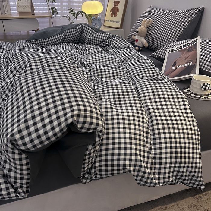 91家纺网 家纺一手货源 找家纺 优纤家纺 2025新款简约亲肤四件套床单床笠学生三件套-格子条纹系列 黑白小格