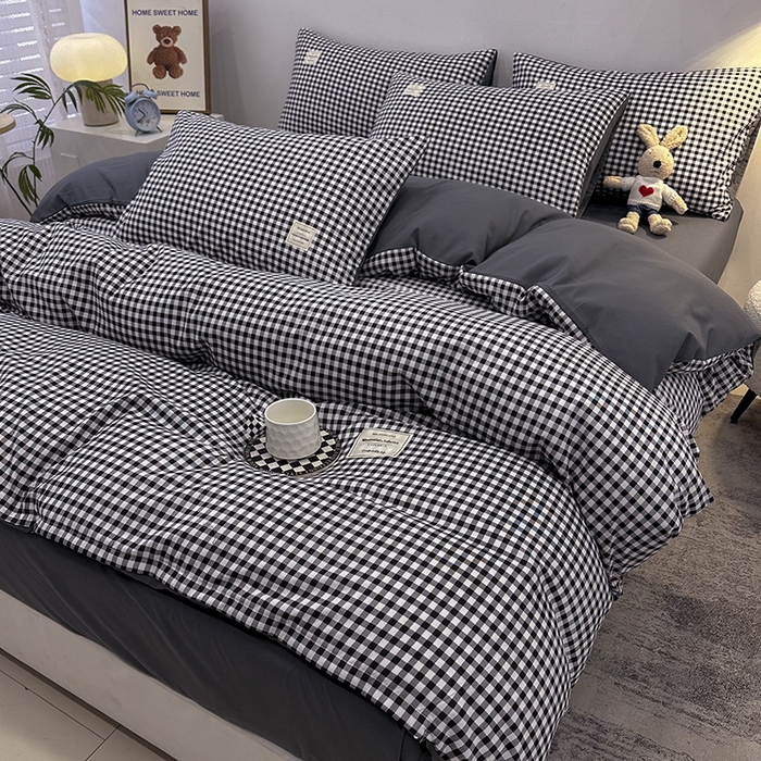 91家纺网 家纺一手货源 找家纺 优纤家纺 2025新款简约亲肤四件套床单床笠学生三件套-格子条纹系列 黑白小格