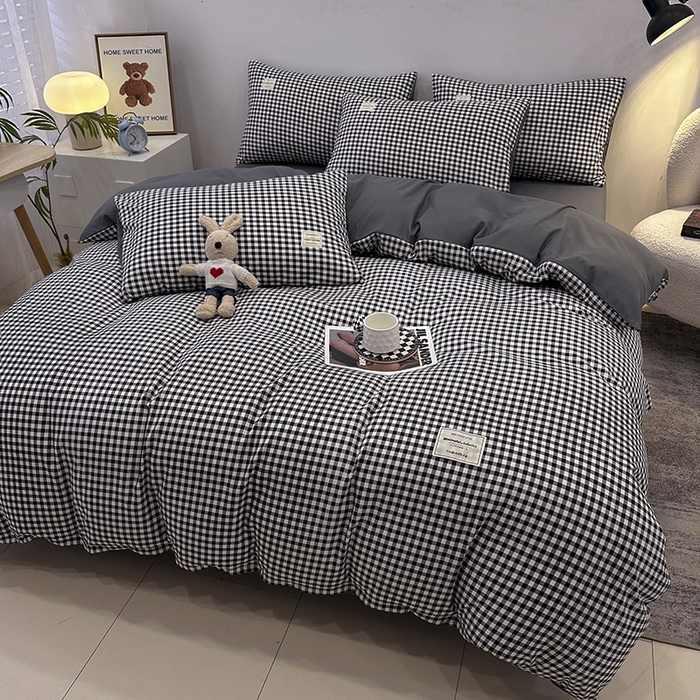 91家纺网 家纺一手货源 找家纺 优纤家纺 2025新款简约亲肤四件套床单床笠学生三件套-格子条纹系列 黑白小格