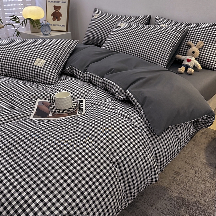 91家纺网 家纺一手货源 找家纺 优纤家纺 2025新款简约亲肤四件套床单床笠学生三件套-格子条纹系列 黑白小格