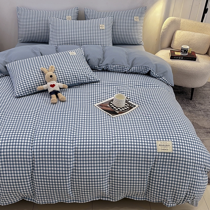 91家纺网 家纺一手货源 找家纺 优纤家纺 2025新款简约亲肤四件套床单床笠学生三件套-格子条纹系列 蓝小格