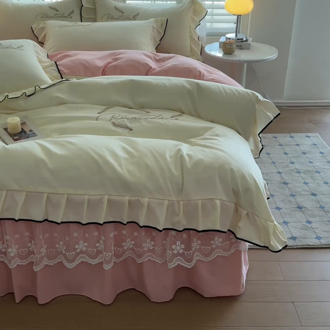 91家纺网 家纺一手货源 找家纺 （总）柔享家（原芷澜家纺） 2025新款法式纯色水洗棉刺绣绣花磨毛床笠三件套汇总（有同款四件套）