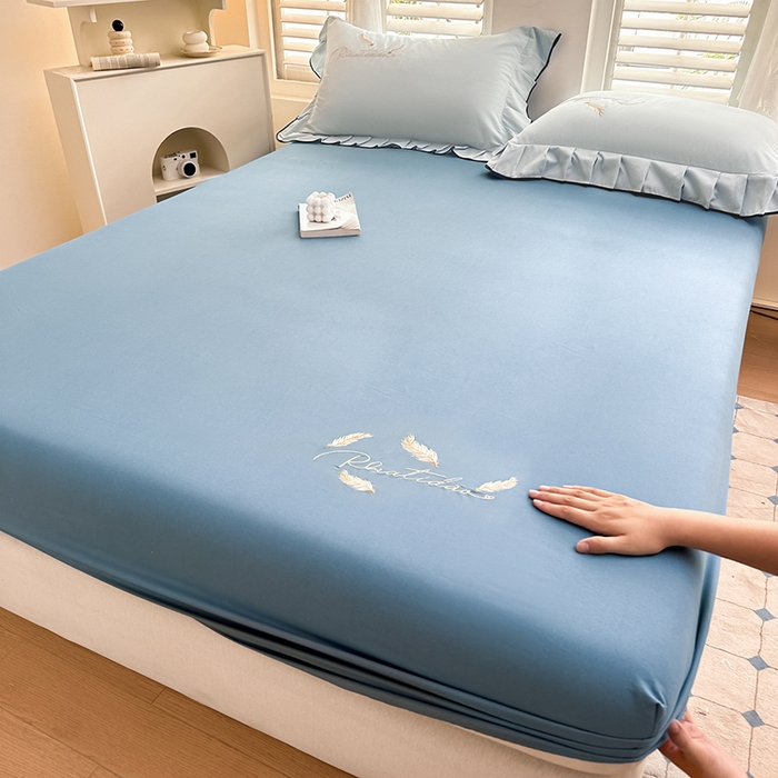 柔享家（原芷澜家纺） 2025新款法式纯色水洗棉刺绣绣花磨毛床笠汇总（有同款四件套） 宝石蓝+天际蓝