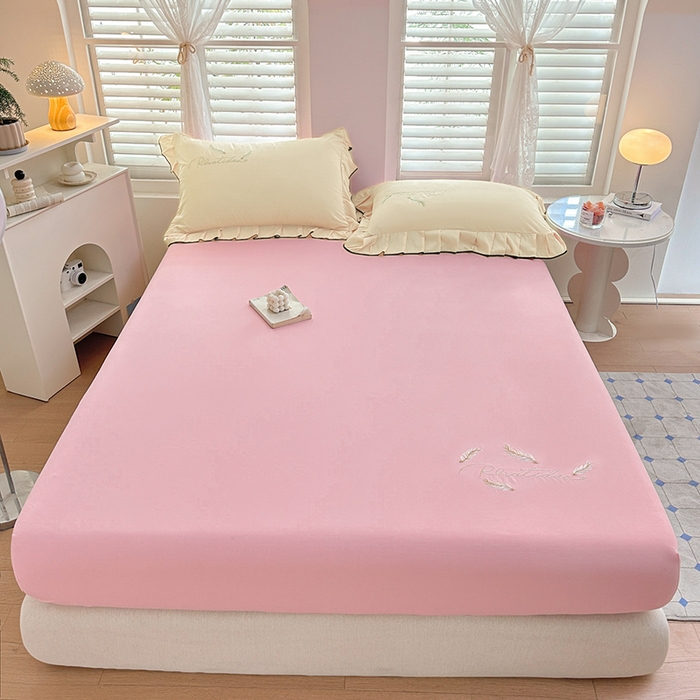 91家纺网 家纺一手货源 找家纺 柔享家（原芷澜家纺） 2025新款法式纯色水洗棉刺绣绣花磨毛床笠汇总（有同款四件套） 粉玉+米黄