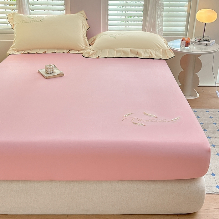 91家纺网 家纺一手货源 找家纺 柔享家（原芷澜家纺） 2025新款法式纯色水洗棉刺绣绣花磨毛床笠汇总（有同款四件套） 粉玉+米黄