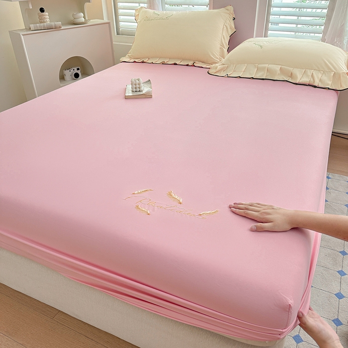 柔享家（原芷澜家纺） 2025新款法式纯色水洗棉刺绣绣花磨毛床笠汇总（有同款四件套） 粉玉+米黄