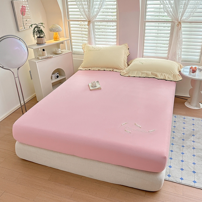 91家纺网 家纺一手货源 找家纺 柔享家（原芷澜家纺） 2025新款法式纯色水洗棉刺绣绣花磨毛床笠汇总（有同款四件套） 粉玉+米黄