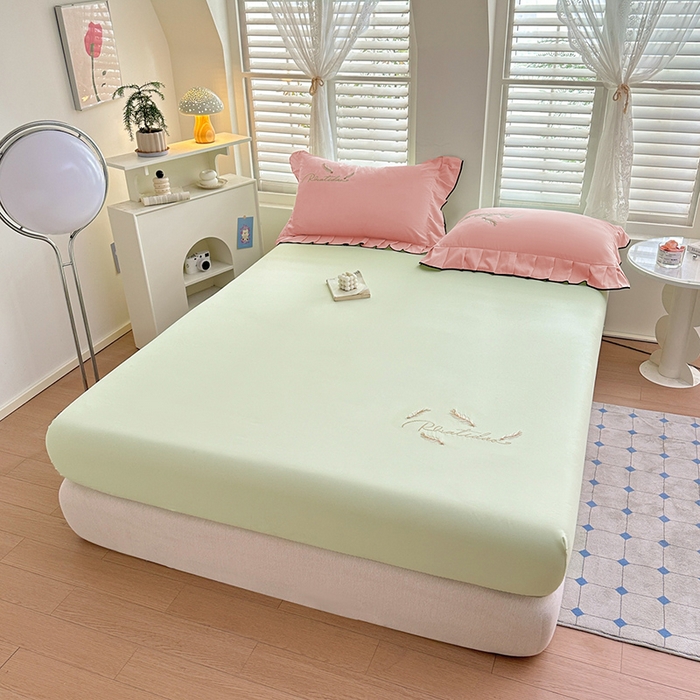 91家纺网 家纺一手货源 找家纺 柔享家（原芷澜家纺） 2025新款法式纯色水洗棉刺绣绣花磨毛床笠汇总（有同款四件套） 嫩绿+粉玉